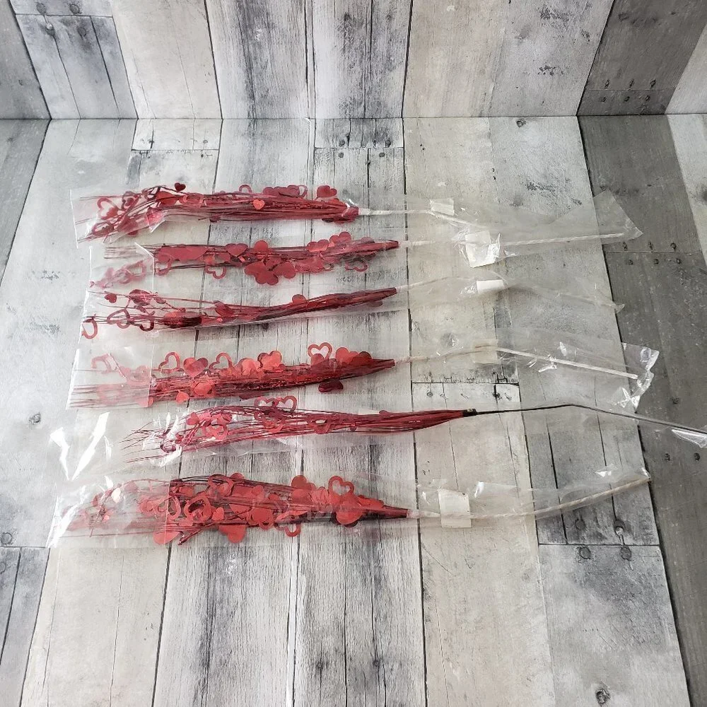 NWT - Lot of 6 Red Hearts and Foil Strands Floral Picks 12